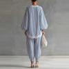 Women's Blue White Stripe Lace Loose Suit Casual Long-sleeved Wide-leg Pants Two-piece Set