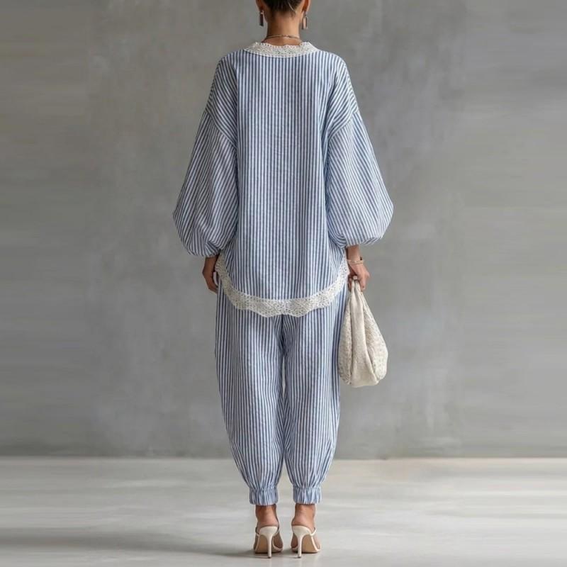 Women's Blue White Stripe Lace Loose Suit Casual Long-sleeved Wide-leg Pants Two-piece Set