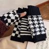 Fashion Black white Checkerboard Short Half Finger Fingerless Wool Knit Wrist Glove Winter Warm Gloves Workout Woemn men cycling