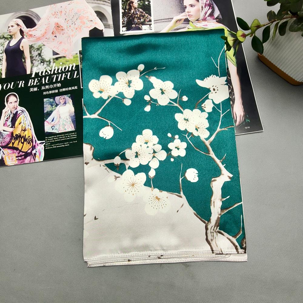 Grey Green Silk Scarf Headscarf For Women Spring Fall Elegant Cherry Blossom Big Square Scarves Wraps 90*90cm Neck Scarf Shawl