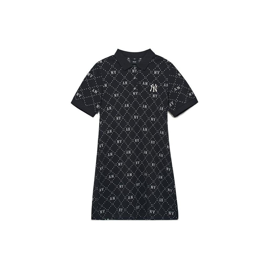 MLB New York Yankees Plaid Pattern Polo Collar Casual Sports Versatile Retro Short Sleeve Dress Women dresses Black 3FOPM0533-50BKS