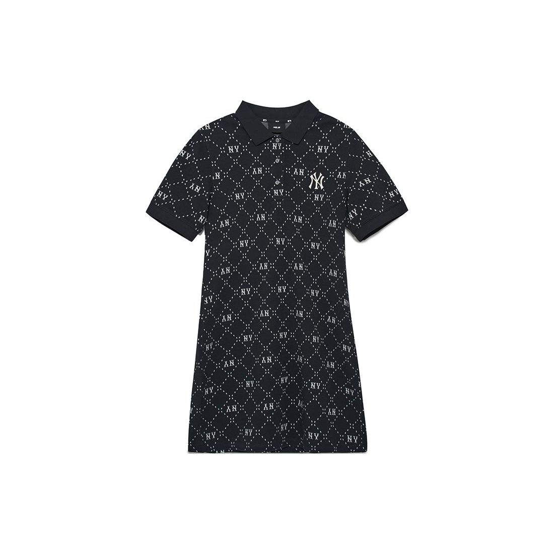 MLB New York Yankees Motif à Carreaux Col Polo Sport Décontracté Polyvalent Rétro Manches Courtes Robe Robes Femme Noir 3FOPM0533-50BKS M