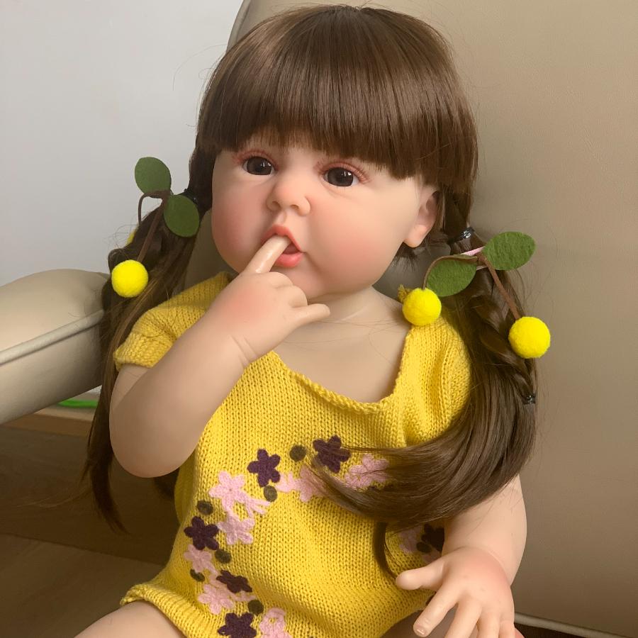 BZDOLL Brown Long Hair Lifelike Lovely Full Vinyl Body 55 CM 22 Inch Reborn Baby Girl Doll Toy Realistic Princess Toddler Bebe