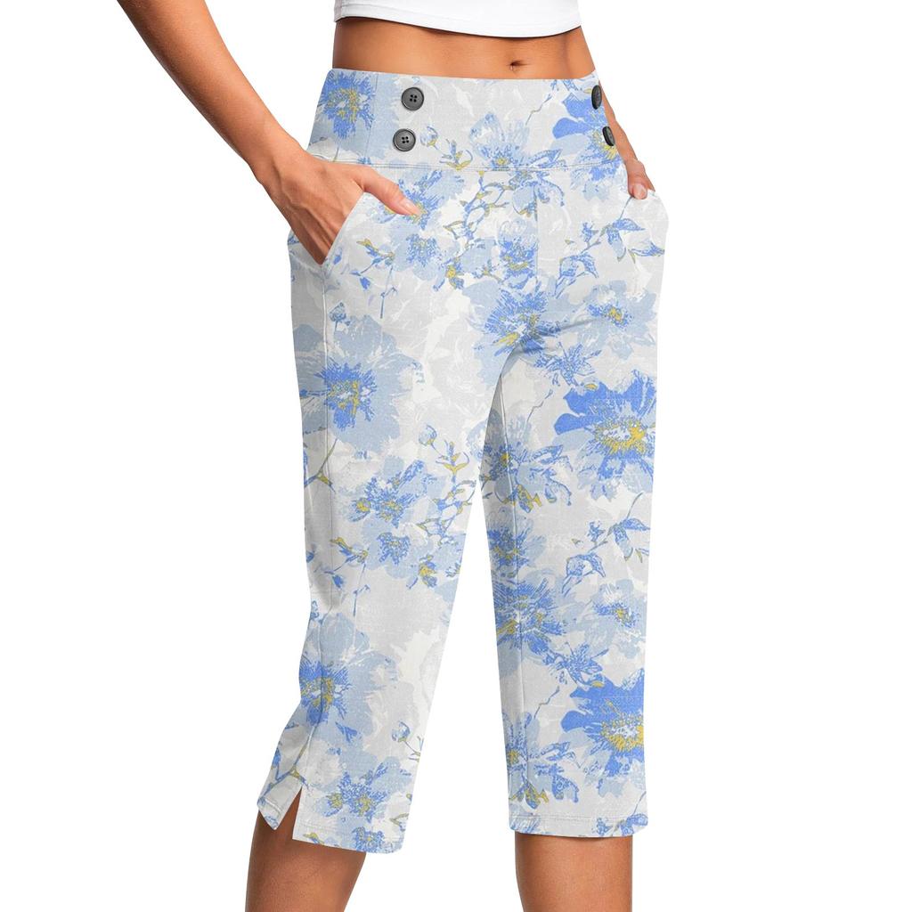 Women's Vintage Floral Print Button Pocket Trousers Slit High Waist Sports Yoga Casual Pants