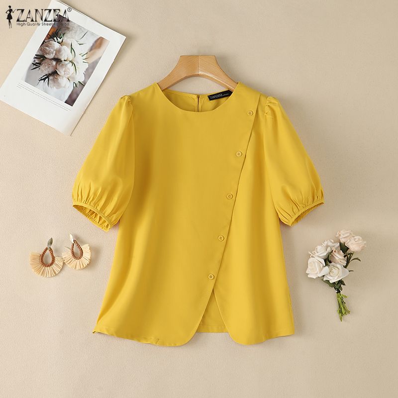 ZANZEA Women Casual Round Neck Puff Short Sleeve Blouse
