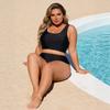 Plus Size Sporty High Waisted Two Piece Bikini Set, Solid Black Nylon Swimsuit For Women