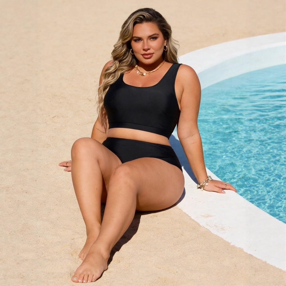 Plus Size Sporty High Waisted Two Piece Bikini Set, Solid Black Nylon Swimsuit For Women