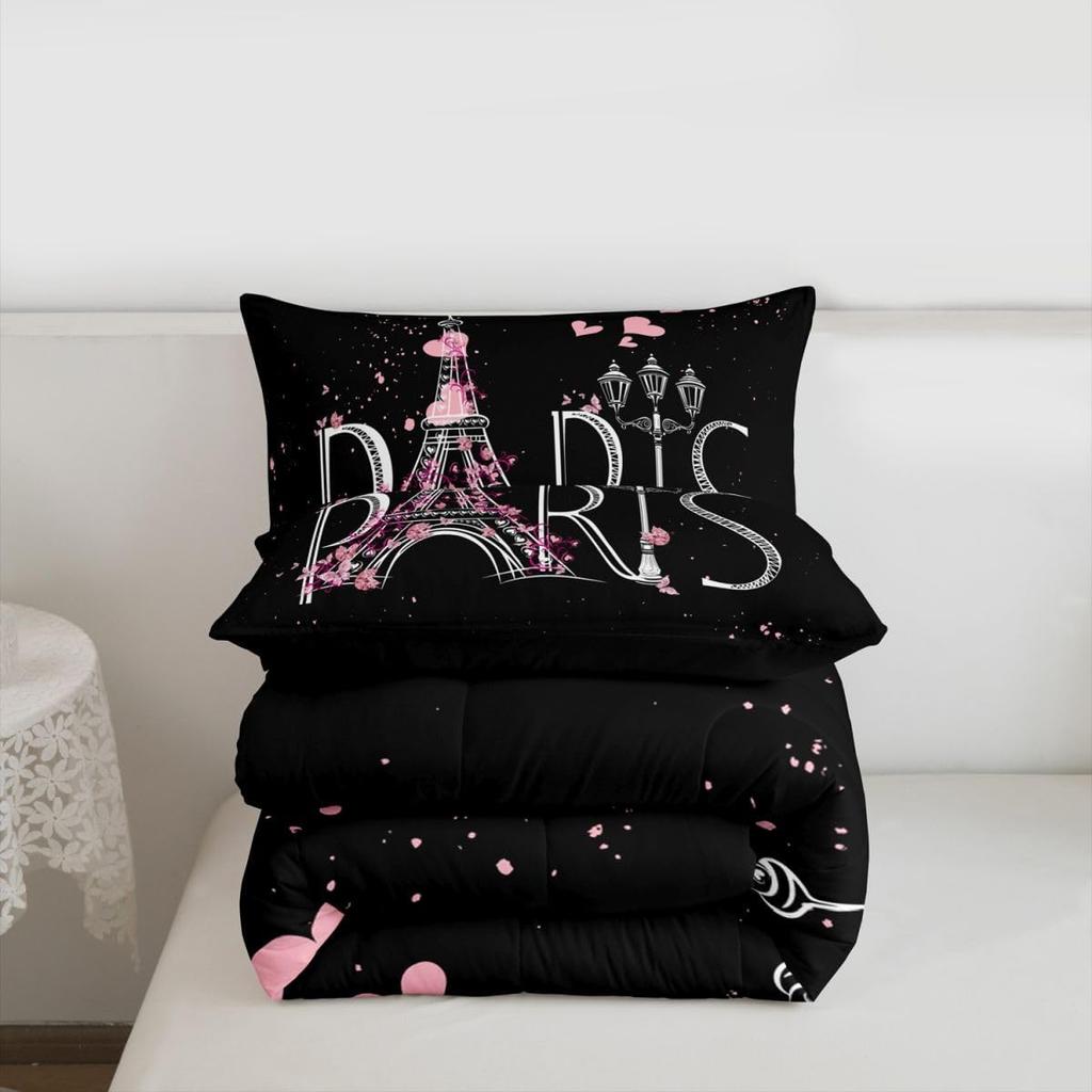 Feelyou Eiffel Tower Comforter Set Chic Paris Bedding Set Romantic Theme Comforter for Boys Girls Children Teens Black Pink Bedroom Decor Mo