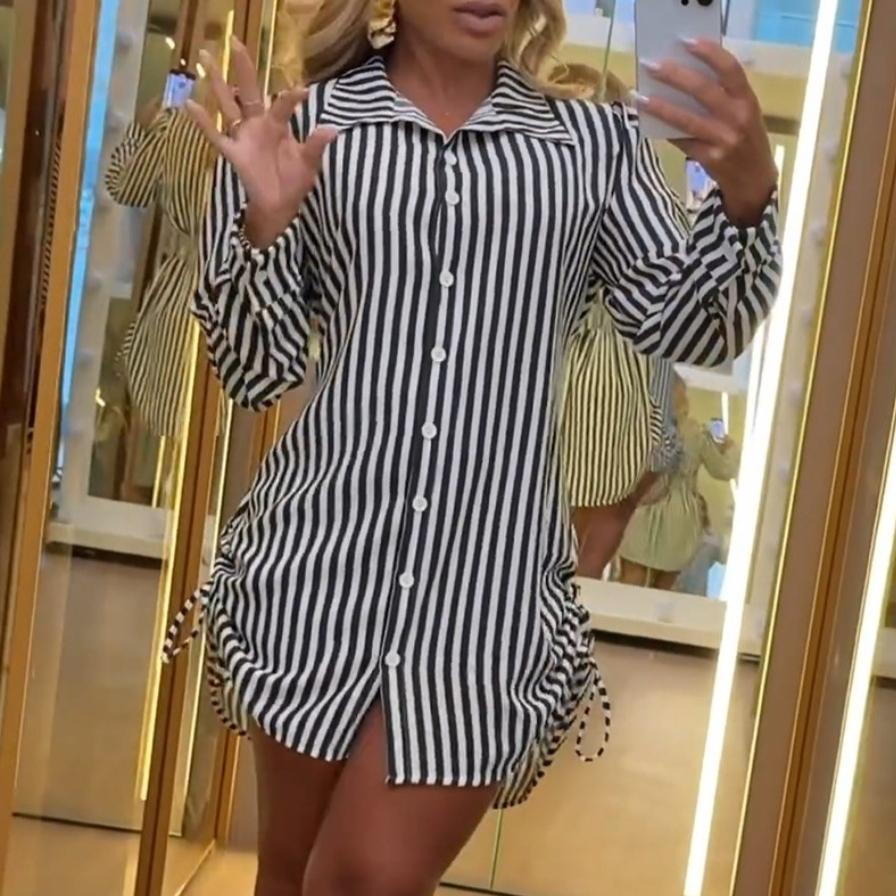 Spring and Autumn Women's Fashion Sexy Two Side Drawstring Shirt Dress