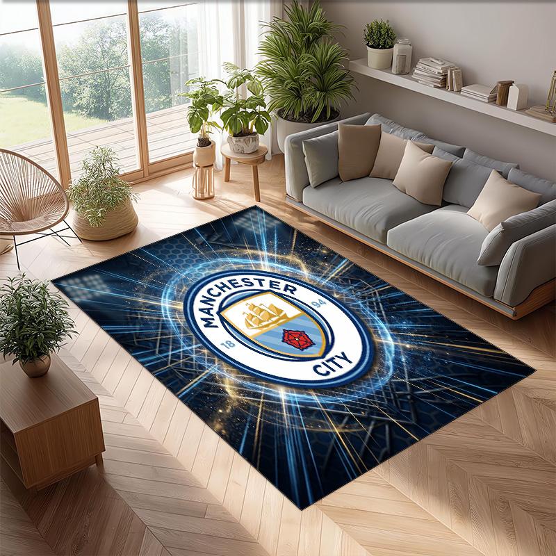 Manchester City Printed Flannel Area Rug Non Slip Soft Polyester Floor Carpet Indoor Decor Mat for Bedroom Living Room Sofa