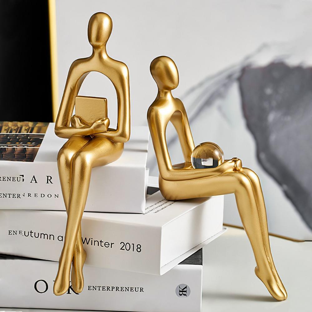 Resin Human Body Art Ornament Abstract Design Golden Finish Figure Statue Thinking Reading Man Desktop Ornament Home Decor