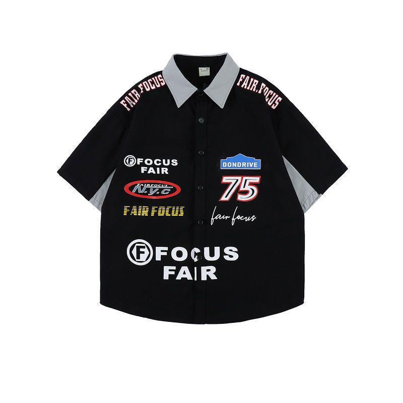 Men's American Retro Hiphop Street Racing Short-Sleeve Summer Shirt - Trendy, Motorcycle-Inspired, Loose, Thin Design