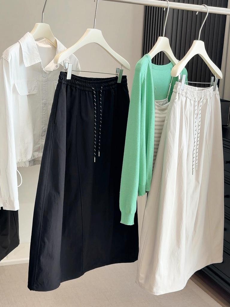 Women's A-line High-Waisted Cargo Midi Skirt, Spring/Autumn Style, Elastic Drawstring Waist, Slimming Fit for Pear-Shaped Figures