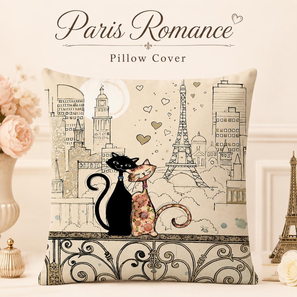 Paris Romance Cat Pillowcase D Flat Printed Peach Skin Cushion Cover Eiffel Tower Love Throw Pillow Sofa Home Decor