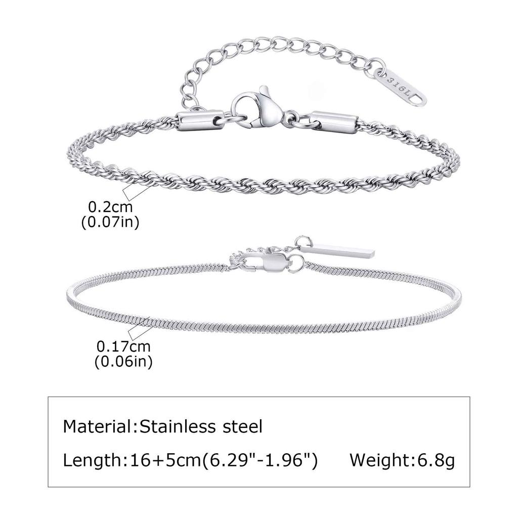 2pcs Men's Flat Chain Bracelet,Silver Color Stainless Steel Adjustable Wristband,Minimalist Unisex Jewelry Gift