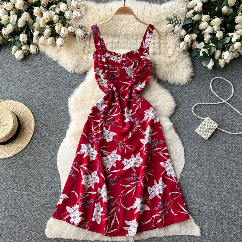 Holiday Style Print Suspender Skirt Women's Summer New Waist and Thin French Chiffon Floral Dress