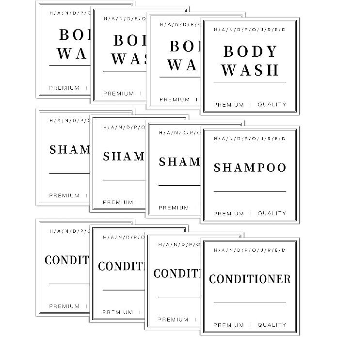 TESWEY 12PCS Bathroom Organization Labels, Waterproof Soap Dispenser Label Stickers for Glass/Plastic Bottles, Removable Cleaning Labels for Body