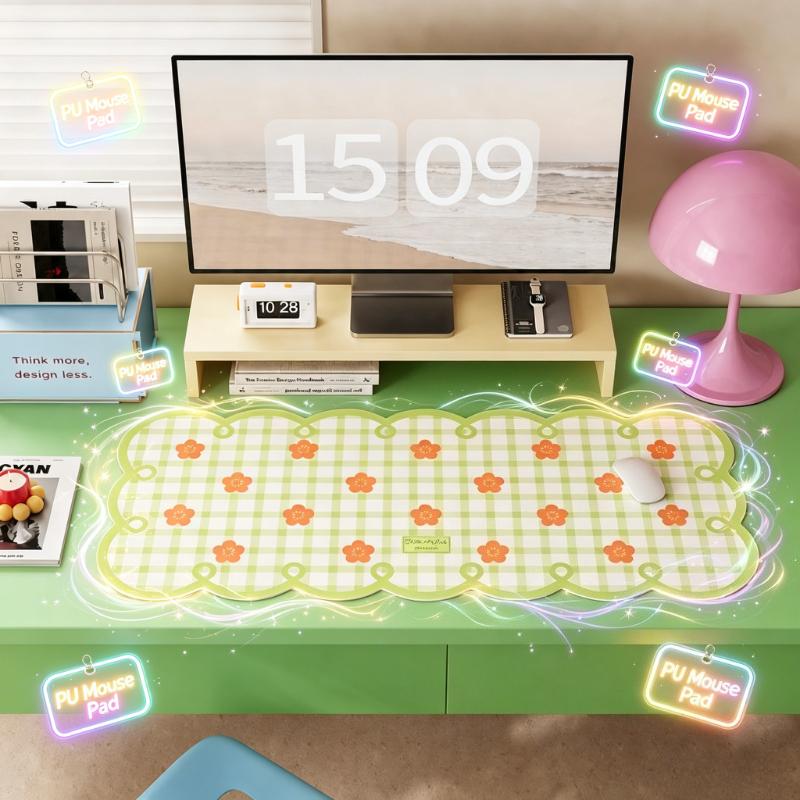 Large Size PU Mouse Pad Protector 35*80cm Green Gingham Plaid with Orange Floral Print Scalloped Wavy Edge Waterproof Easy To Clean Mousepad