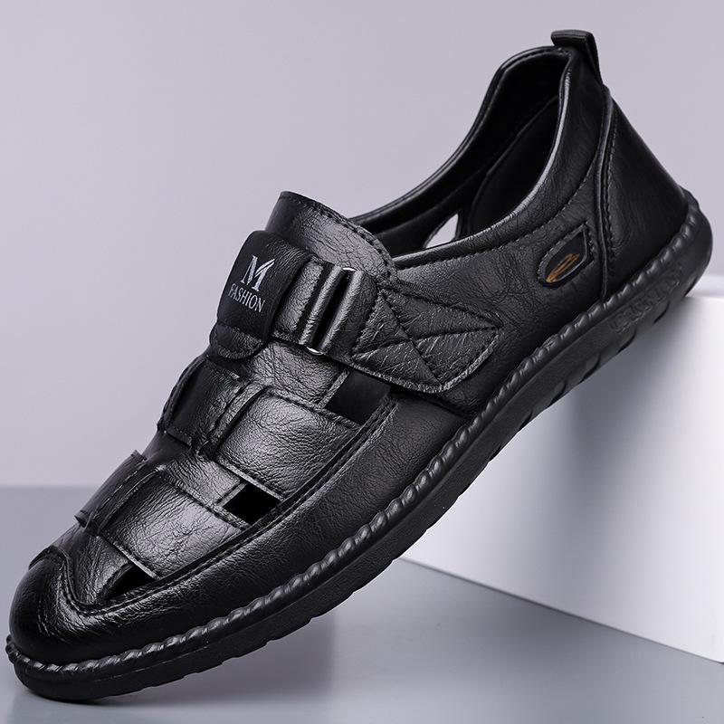 New leather sandals hollow men's hole shoes Velcro one-pedal dad shoes daily versatile casual shoes men