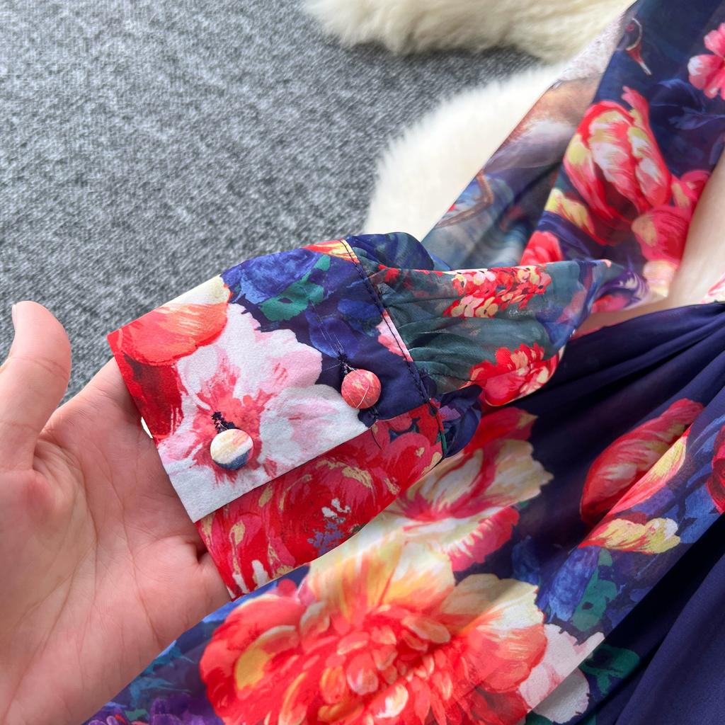 Summer Women Vintage Print Turn-down Collar Chiffon Holiday Beach Long Maxi Shirt Dresses With Belt