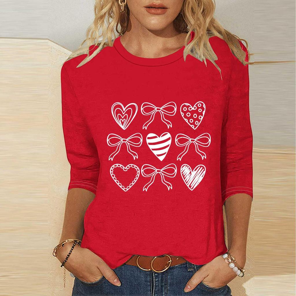 Women's Fashion Casual Three-quarter Sleeve Valentine's Day Printed Round Neck Top