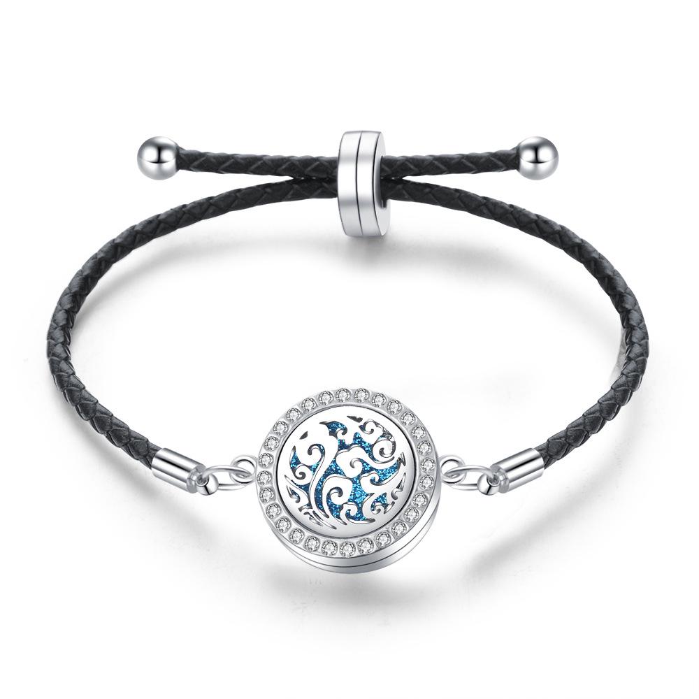 Stainless Steel Tree of Life Aromatherapy Bracelet with Diamonds and Leather Band