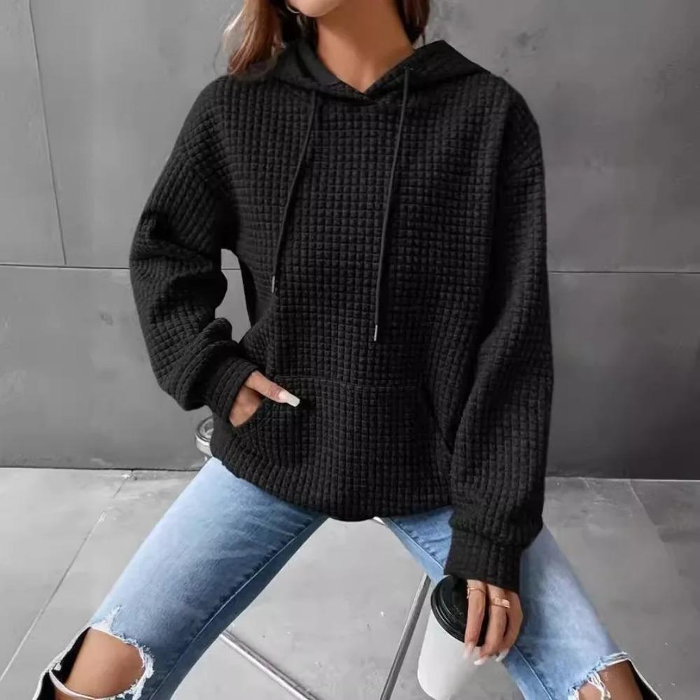 Women's Hooded Sweatshirt Spring and Autumn Style Waffle Fashion Beautiful Solid Color Hooded Drawstring Loose Sweatshirt