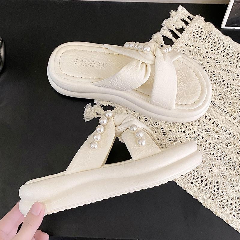 Cool Slippers Female 2025 Summer New with Skirt Fairy Wind Beaded Thick Bottom Outer Wear Cross Word Fashion Slippers