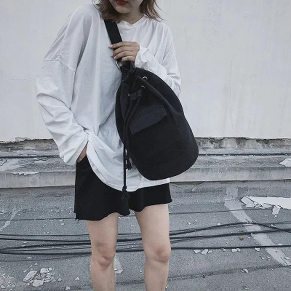 Korean Women's New Fashion Simple One-Shoulder Slanting Cross Bag Drawstring Pleated Large Capacity Canvas Bucket Shoulder Bag