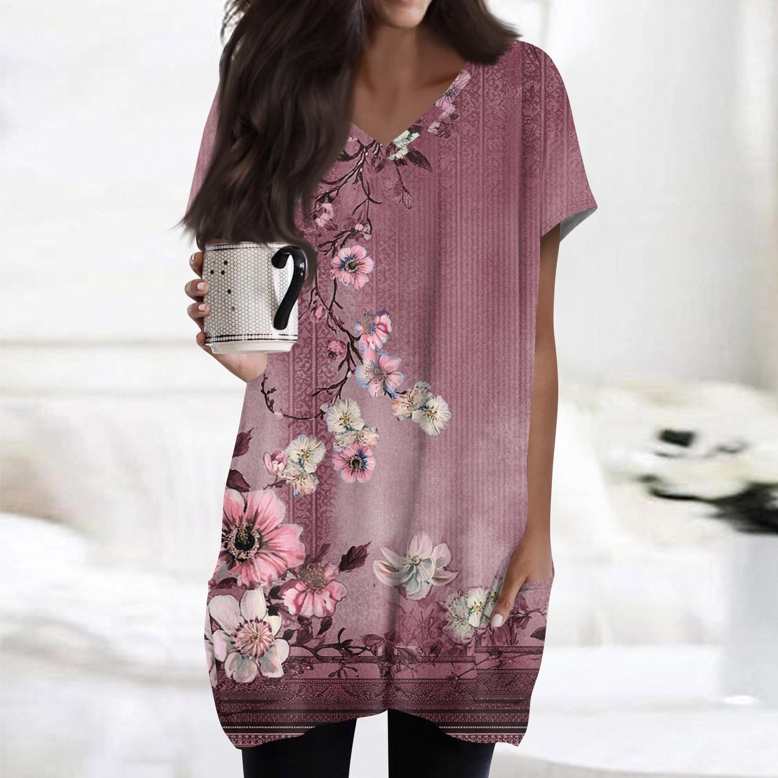 

Женский модный и повседневный топ с V-образным вырезом, цветочным принтом, средней длиной, карманом и короткими рукавами XL красный