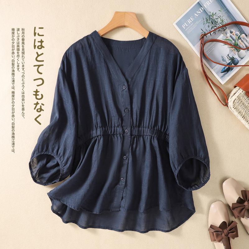 Cotton and Linen V-neck Waist Five-point Pullover Shirt Women's Loose and Thin Versatile Cotton and Linen Top Trendy