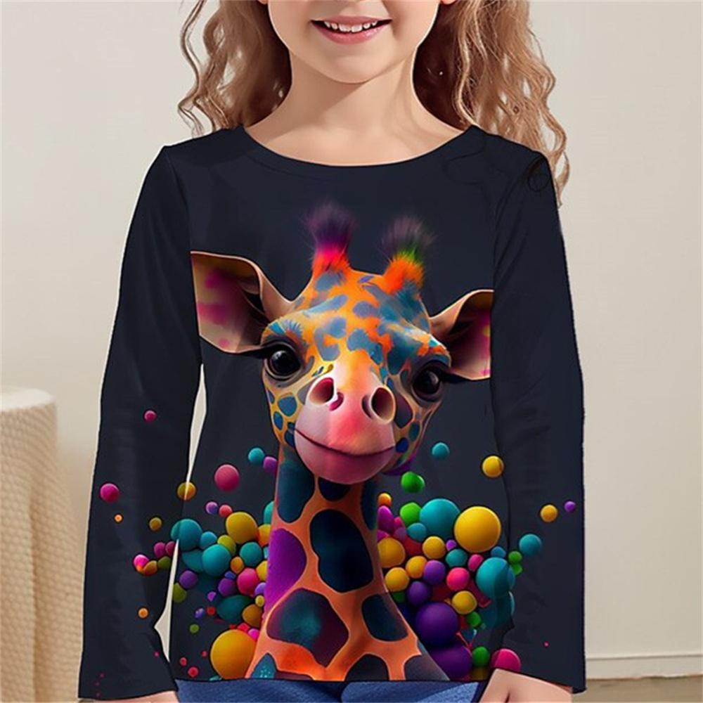 Spring and Autumn Round Neck Giraffe Pattern 3D Printed Top Fashionable Casual Long Sleeved Children's Girl T-shirts