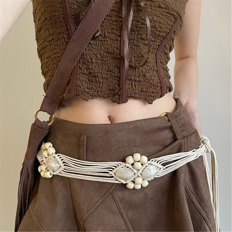 Vintage Bohemian Waist Belt Self Knotted Braided Wax Rope Waistband Dress Chain Belt Decorative Belt Women Accessories