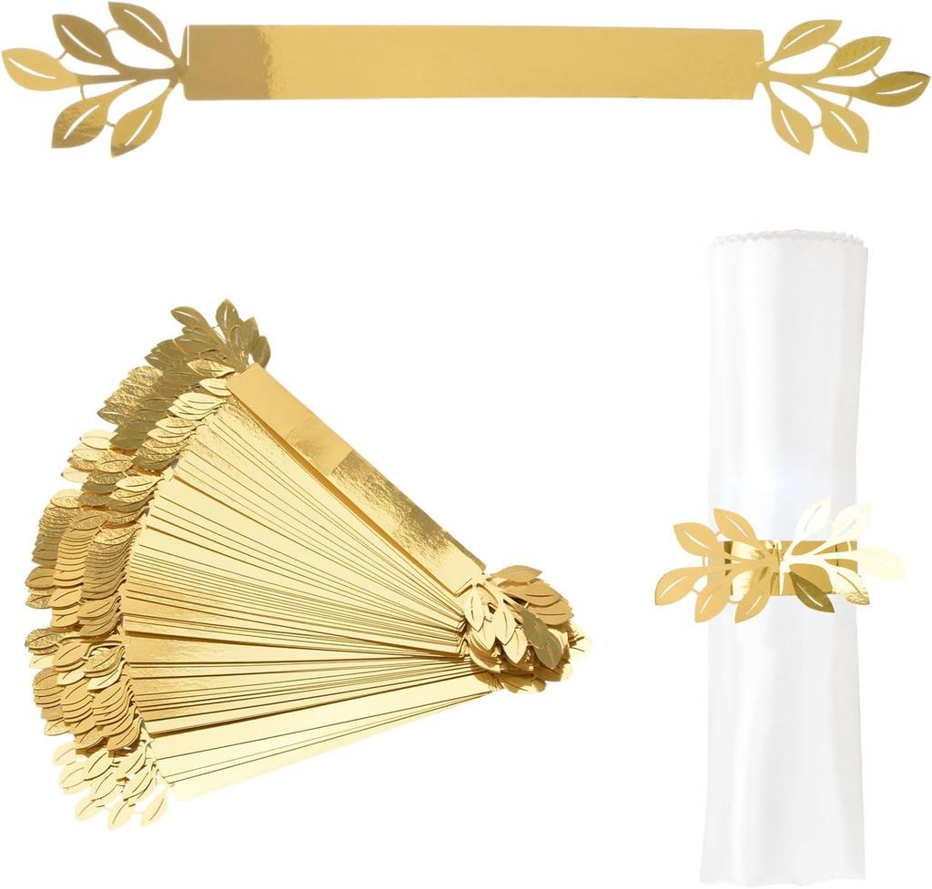 50 Pcs Gold Leaves Napkin Buckle, Reflective Gold Leaf-Shaped Paper Napkin Holder Rings For Dinner Party Celebration Table Decor