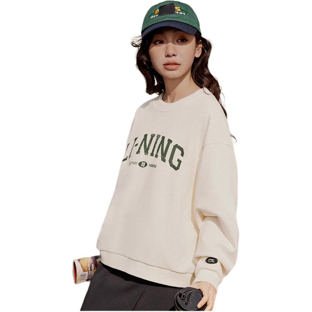 Li Ning Sports Lifestyle Series Letter Print Round Neck Loose Pullover Long Sleeve Sweatshirt Women sweatshirt Off-White AWDU804-1