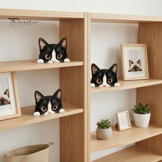 Accesorios de Escritorio para Oficina en Casa, Adorno de Gato Lindo Sentado en Estante, Figura de Gatito de Madera Mirando Curiosamente, Estatua Realista Decorativa Plana 2D para Escritorios
