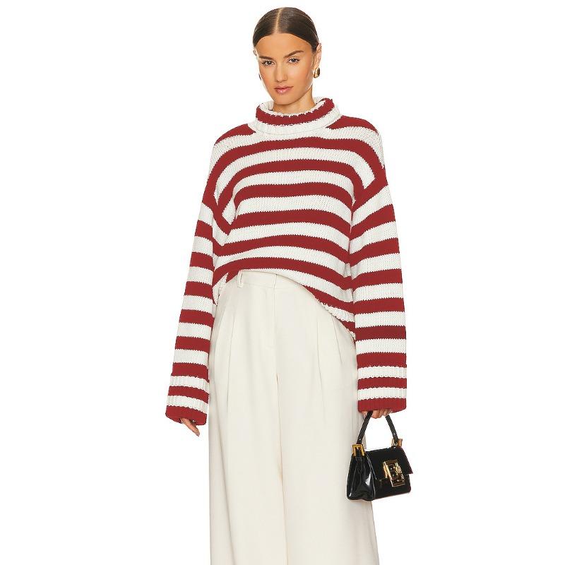 Comfortable Versatile Fashion High Neck Knitted Sweater Female Fall and Winter Loose Striped Long-sleeved Knit Sweater Sweater Coat Female