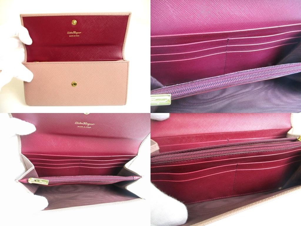 Authentisches Salvatore Ferragamo Gancini Rosa Beige Leder Klappe Langes Portemonnaie #a906 Aufbereitet