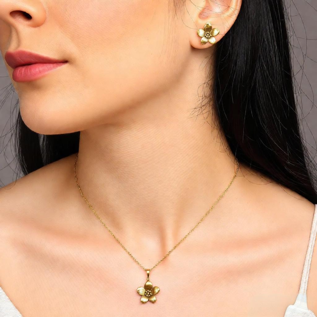 Elegant 18K Gold & Stainless Steel Five-Petal Flower Pendant Necklace & Earring Set for Women