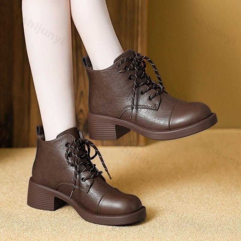 Fashion Women Short Boots 2025 Autumn Winter New Fashion Lace Up Vintage Middle Heel Shoes Outdoor Non Slip Height Increase Ankle Boots