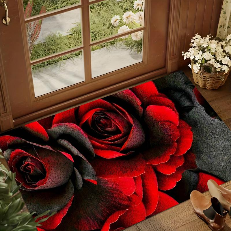 Rose Flowers Love Romantic Rug Carpet for Living Room Bedroom Decor Floor Mat Non-slip Decoration for Sofa Doormat Red Black