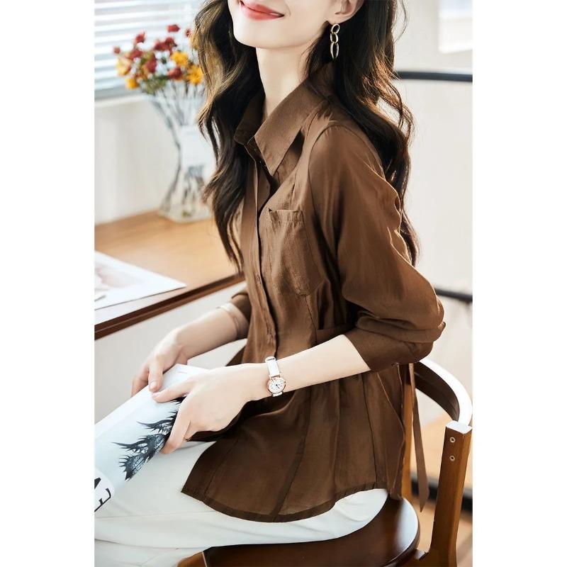 High-end New Solid Color Lace-up Fashionable Casual Lapel Long-sleeved Shirt for Women