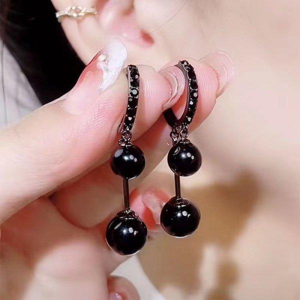 Luxury Trend Black Color Double Layer Earrings For Women Korean Crystal Zircon Geometric Earring Bride Wedding Statement Jewelry
