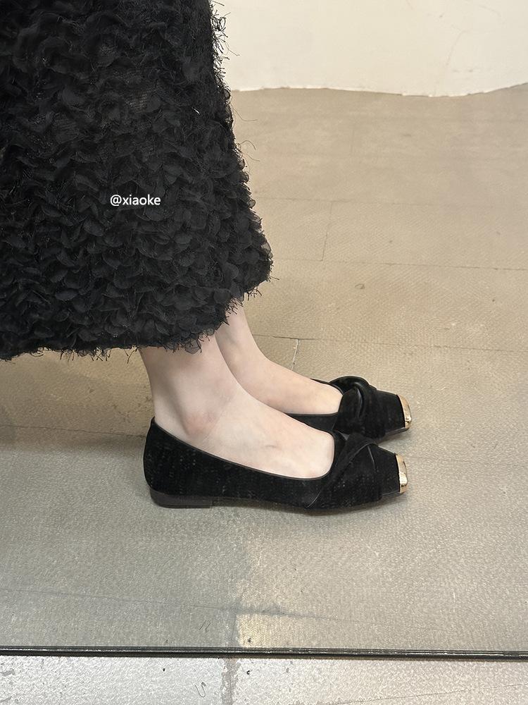 Spring 2025 new French temperament with skirt single shoes female light mouth fairy style satin square head flat bottom ladyshoes