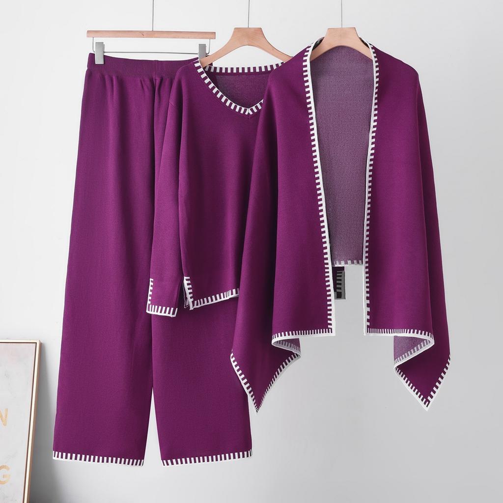 Completo fashion lavorato a maglia da donna autunno inverno casual moda scialle maglione scollo a V pantaloni casual a gamba larga set trendy tre pezzi