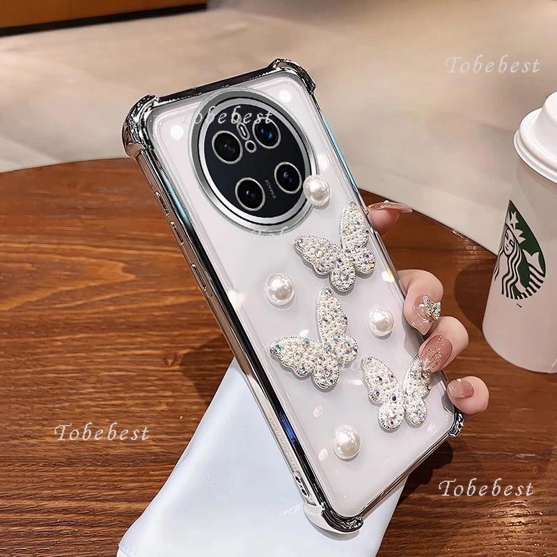 3D Pearl Butterfly Shockproof Plating Silicone Case for Huawei Mate 70 60 50 40 30 Pro Transparent Back Cover