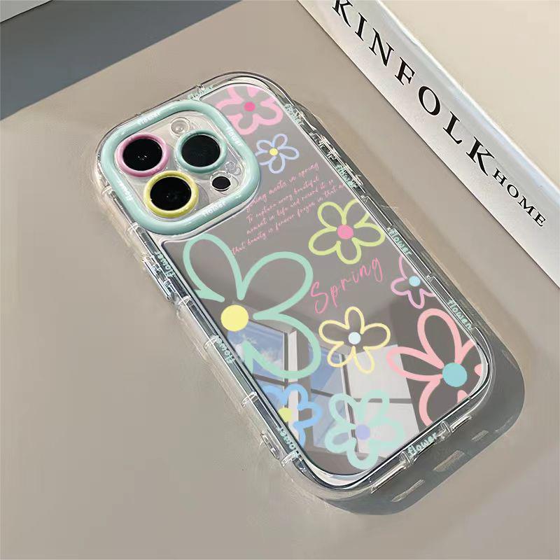 

Spring Flowers Line Art Mirror Cream Phone Case for iPhone 17 Pro Max/16/15 - Japanese Korean Style iPhone 16E