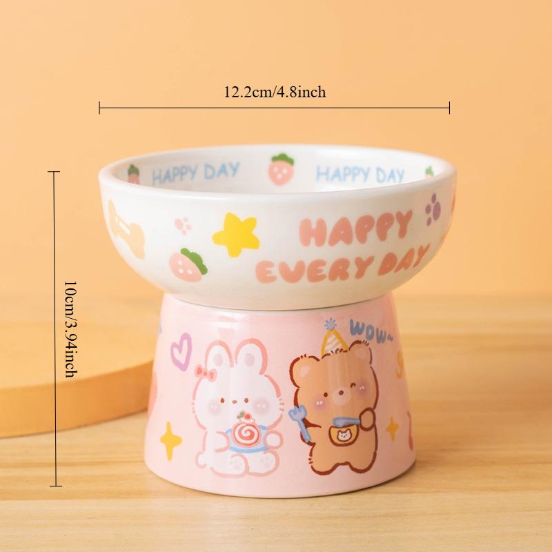 Cute Cartoon Ceramic Pet Bowl High Foot Neck Protection Flat Mouth Bowl Super Large Arc Structure