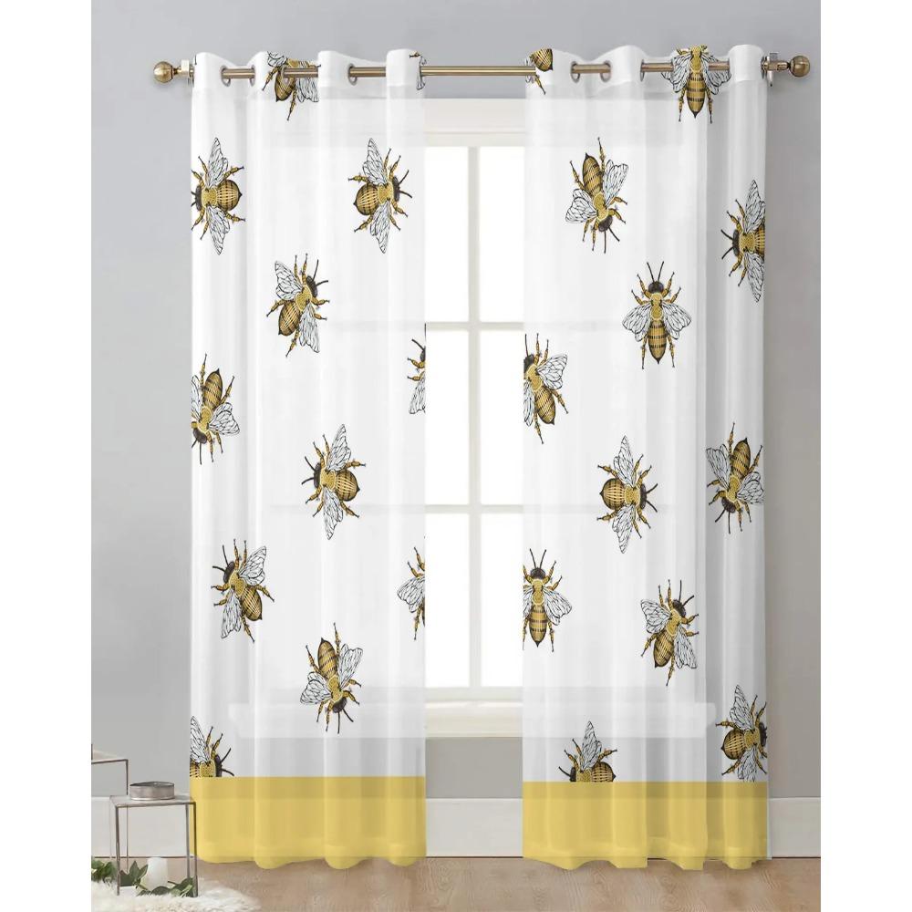 Bee Insect Golden Yellow Transparent Drapes for Bed Chamber Living Room Ornamentation Window Panel Curtain for Cooking Area Tulle Sheer Fabric
