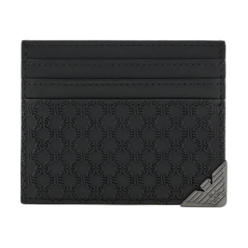 Emporio Armani Flat Multi-Card Slot Decorative Embossed Leather Card Holder Men Card Holder Black YEM320-YQ82X-80001